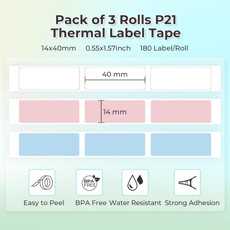 Nelko Genuine P21 Label Maker Tape, Adapted Label Print Paper, 14x40mm (0.55inchesx1.57inches), Standard Laminated Labeling Replacement, 180 Tapes/Roll, 3-Roll, White/Light Blue/Pink - Image 2